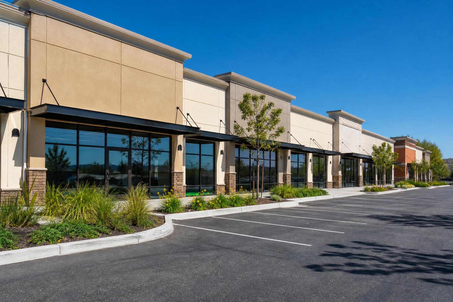 Clean, well-maintained commercial shopping center with large storefront windows serviced by BullGuard Exterior Solutions in Northwest Georgia